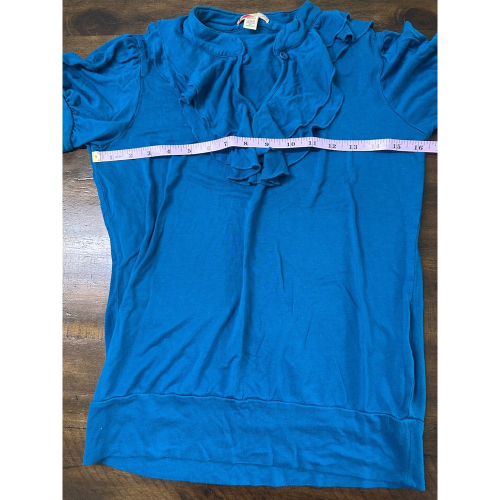 Vintage Forever 21 Teal Blue Ruffle Neck Blouse Short Sleeve Knit Top Medium Y2K - Picture 6 of 7